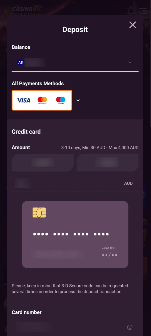 Go to the Payment section and make your first deposit.
