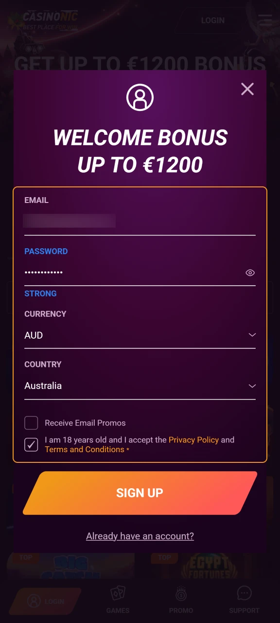 Create a Casinonic account by filling in the required details.