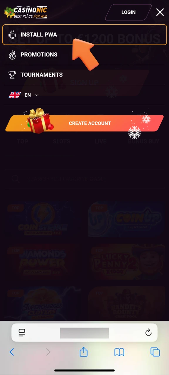 Launch browser and go to the official Casinonic site.