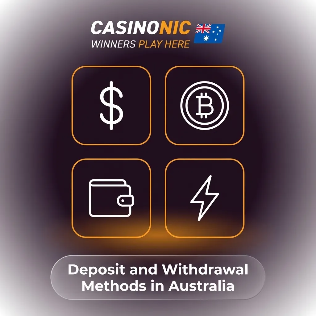 Icons of Australian payment methods: cards, e-wallets, bank transfer, vouchers and Bitcoin in AUD.