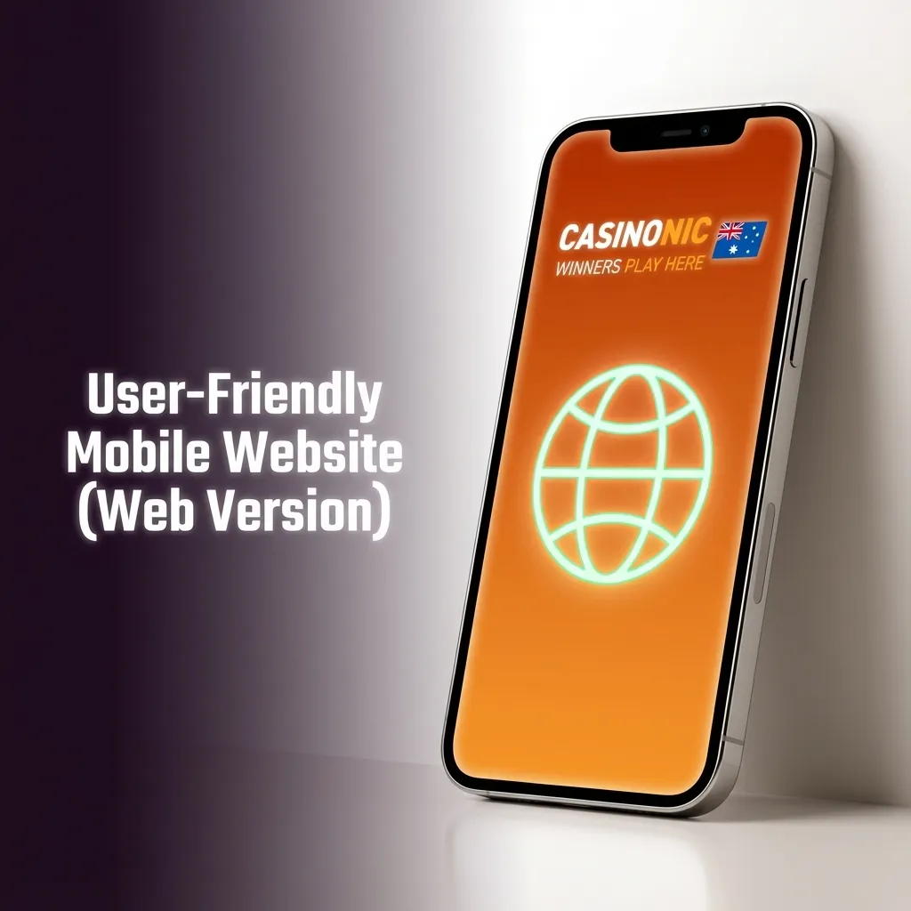 Smartphone showing Casinonic mobile casino website with games, bonuses, and banking icons on a clean, responsive interface