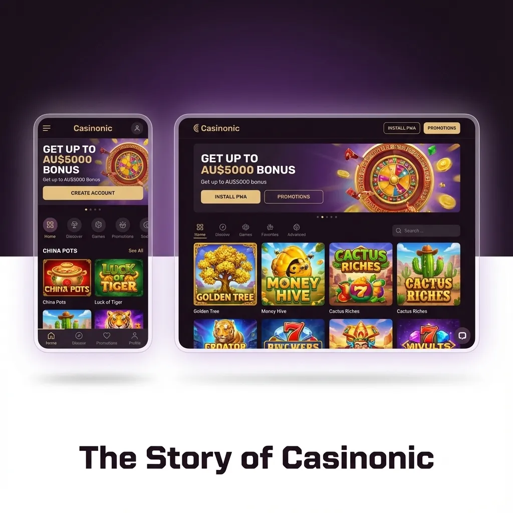 Illustrated timeline of Casinonic’s growth since 2019, with founder, Cyprus HQ, and online casino and sports betting icons
