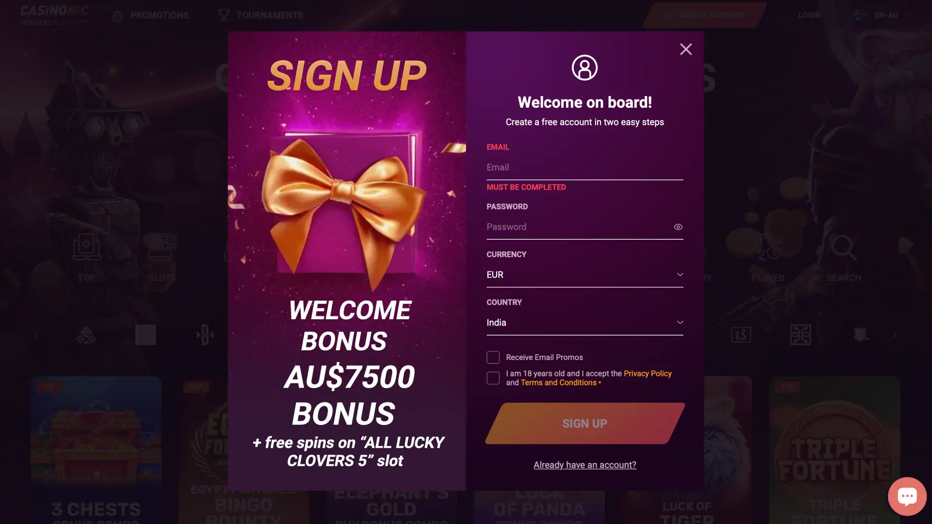 casinonic interface registration